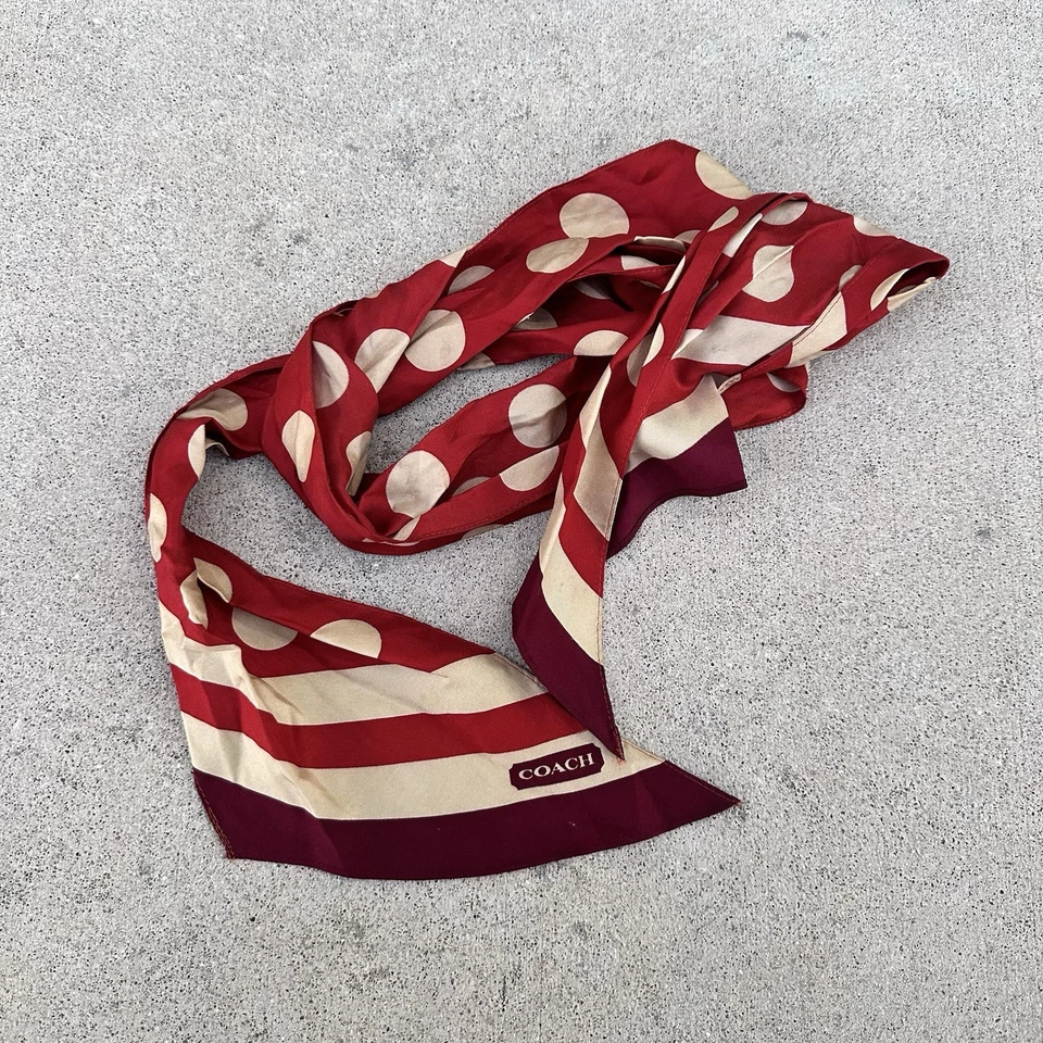 Coach Silk Scarf Red & Beige Polka Dots & Stripes Pony Purse Accessory - Image 3 of 3
