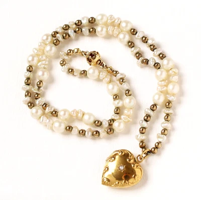 Perlenkette Halskette Collier Herz Medaillon 9 Karat 375 Gold Gelbgold 14,79 g - Bild 1 von 4