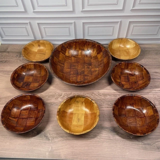 Vintage 70's Wooden Woven Patchwork Bamboo Salad Bowl Set of  8 Boho Mid Century - Image 2 of 4