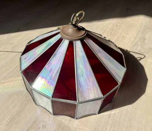 MCM VINTAGE TIFFANY-STYLE STAINED GLASS HANGING LAMP 16"  Red/White