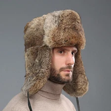 Mens Winter Real Genuine Rabbit Fur Hat Russia Trapper Earflap Ski Cap Ushanka
