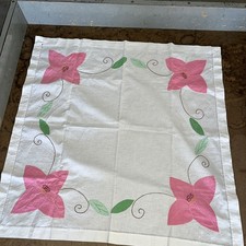 Vintage Table Cloth embroidery hand stitched appliqu Flowers Pink 31.5 x32