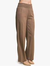 Love Tree Womens Smocked Waist Wide-Leg Linen Pants Size L