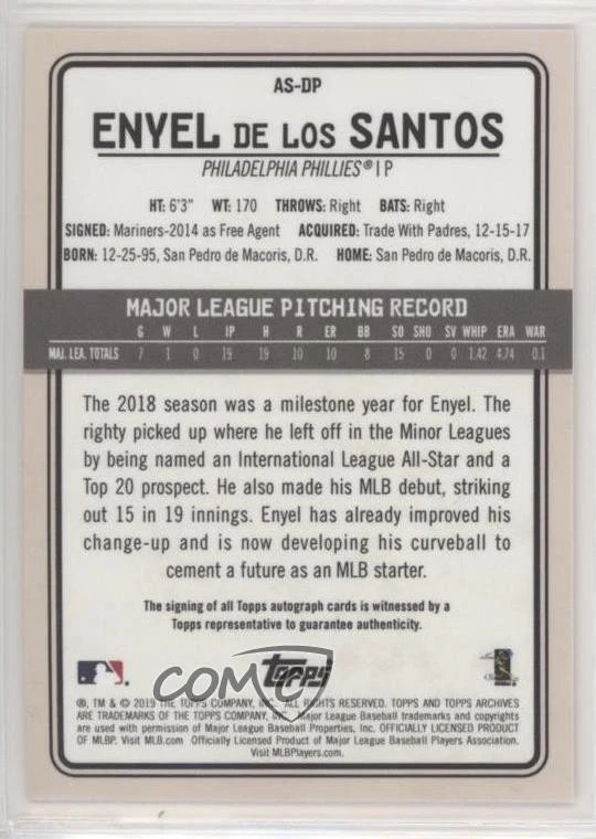 2019 Topps Archives Snapshots Auto Enyel de los Santos #AS-DP Rookie Auto RC - Image 2 of 2