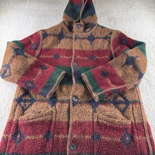 Vintage Woolrich Navajo Aztec Long Duster Wool Coat Women Medium Brown Red Green