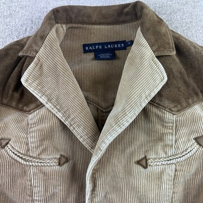 VTG Ralph Lauren Women 4 Western Corduroy Blazer Suede Yoke Cowgirl Jacket Beige