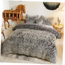 Luxury Shaggy Faux Fur Duvet Cover Set, Ultra Soft 3 Queen Dark Gray Ombre
