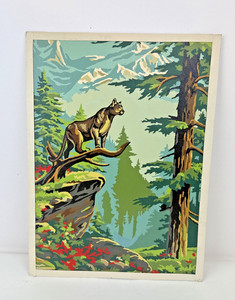 Vintage paint by numbers Cougar on cliff unframed handmade