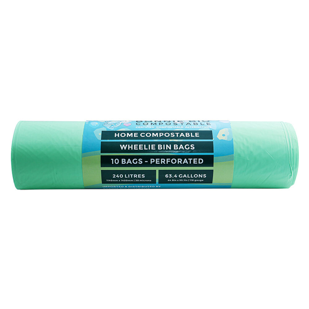 10PK Bonnie Bio Compostable 240L Wheelie Bin/Garbage Bags Green