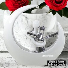 Embrace Couple Romance Figurine Sculpture Silver White Crescent Moon Lovers Home
