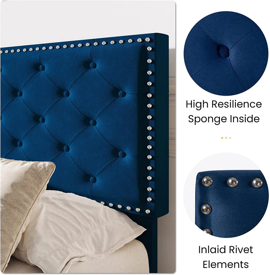 Marco de cama de terciopelo Queen con cabecero acolchado ajustable con botones de diamante, azul Foto 4 de 4