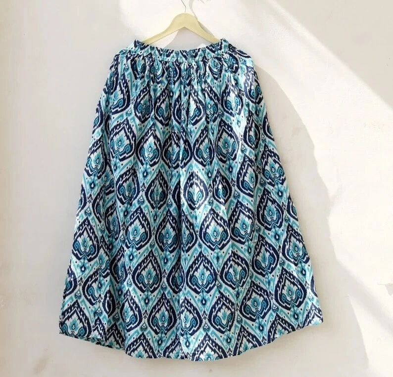 Indian Skirt Cotton Skirt, Long Skirt, Free Size Beachwear Blue IKAT Skirt AU
