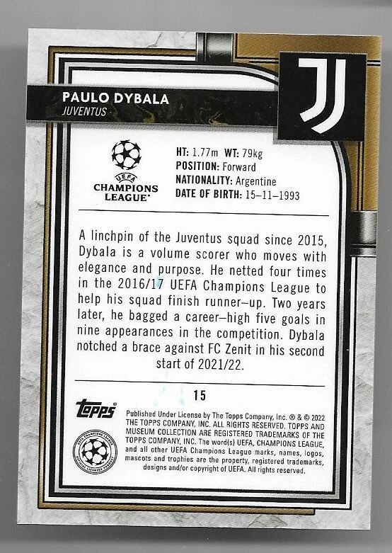 2021-22 Topps Champions League Museum Purple Card : Paulo Dybala #07/99 - Image 2 of 2