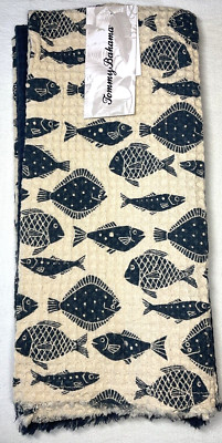 TOMMY BAHAMA KITCHEN TOWELS (3) FISH CREAM NAVY WAFFLE 20 X 28 NWT