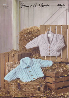 James Brett Aran Strickanleitung Baby Rundhals- oder V-Ausschnitt Zopfmuster Jacke JB787