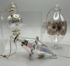 3 Vtg Hand Blown Iridescent Clear Glass Finials Christmas Ornaments w Gold Tone