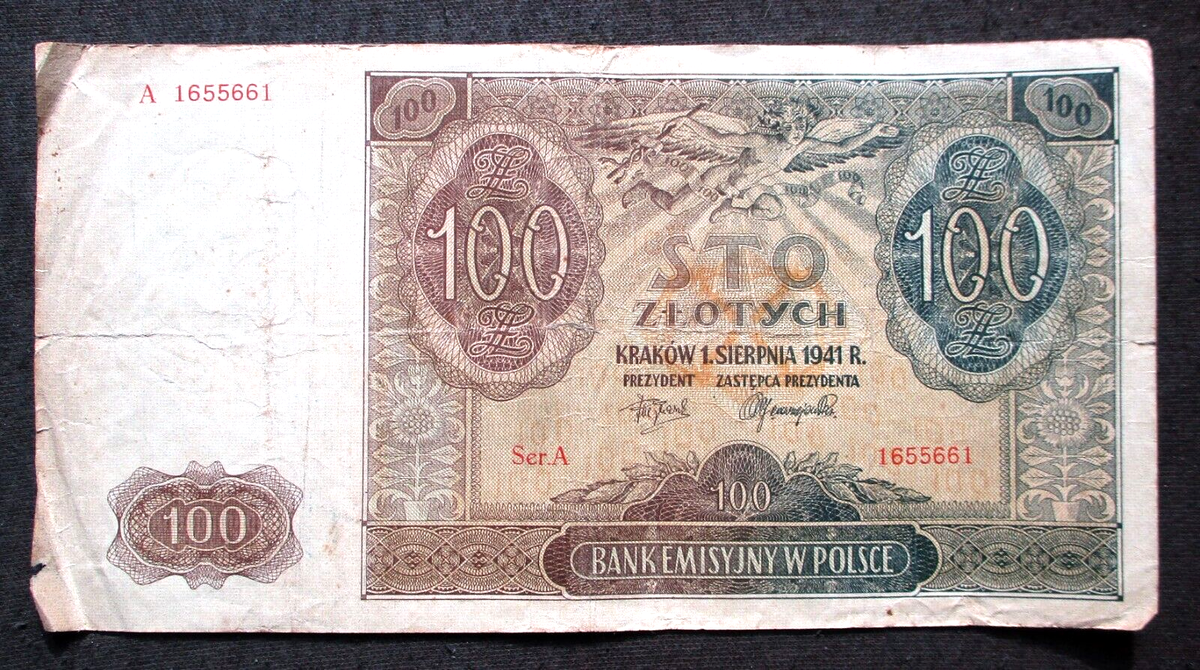 OLD BANKNOTE OF POLAND 100 ZLOTYCH 1941 WORLD WAR II GERMAN