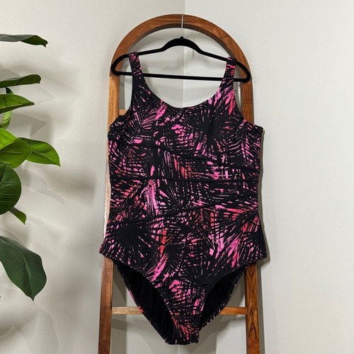 Swimsuits For All 28 Black and Pink Palm Print One Piece Bathing Suit