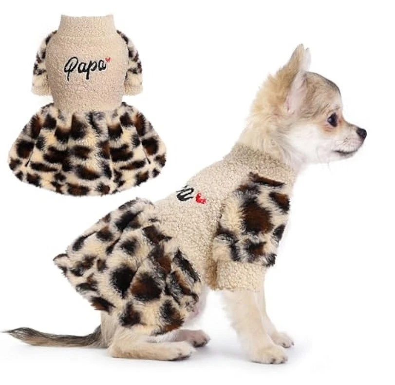 Dog Sweater Clothes for XXS extra small Dress Warm Fleece Leopard pattern Beige - Image 3 of 4