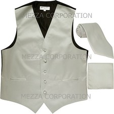 New Men's Vesuvio Napoli Tuxedo Vest Necktie Hankie set prom party formal Silver