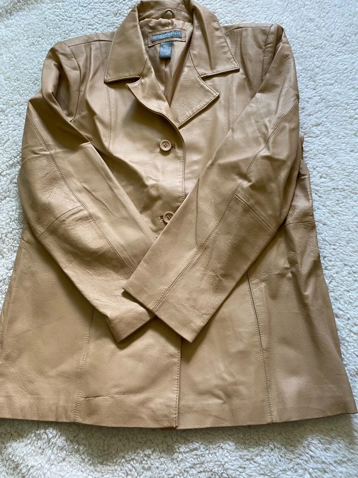 Jessica Holbrook Easy Care Women Size L Beige 3/4 Sleeve Leather Jacket Foto 2 de 4
