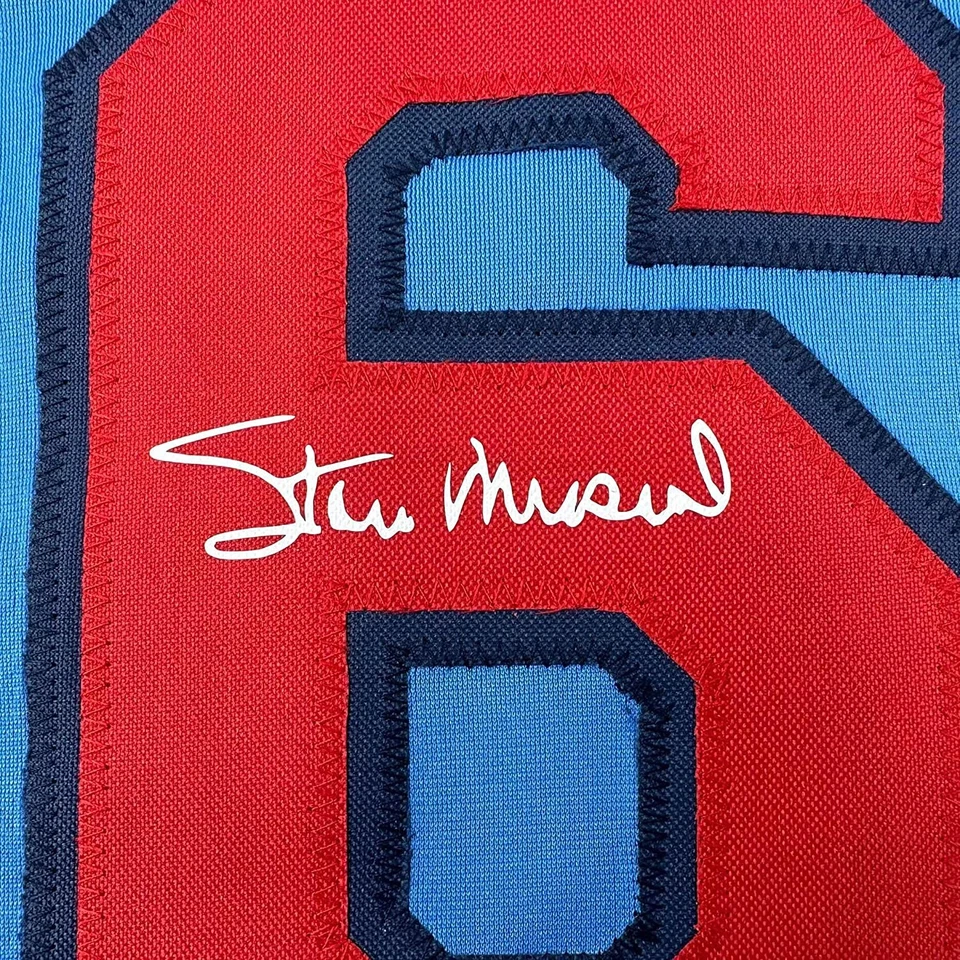 Framed Facsimile Autographed Stan Musial 33x42 Blue Reprint Laser Auto Jersey - Image 2 of 2
