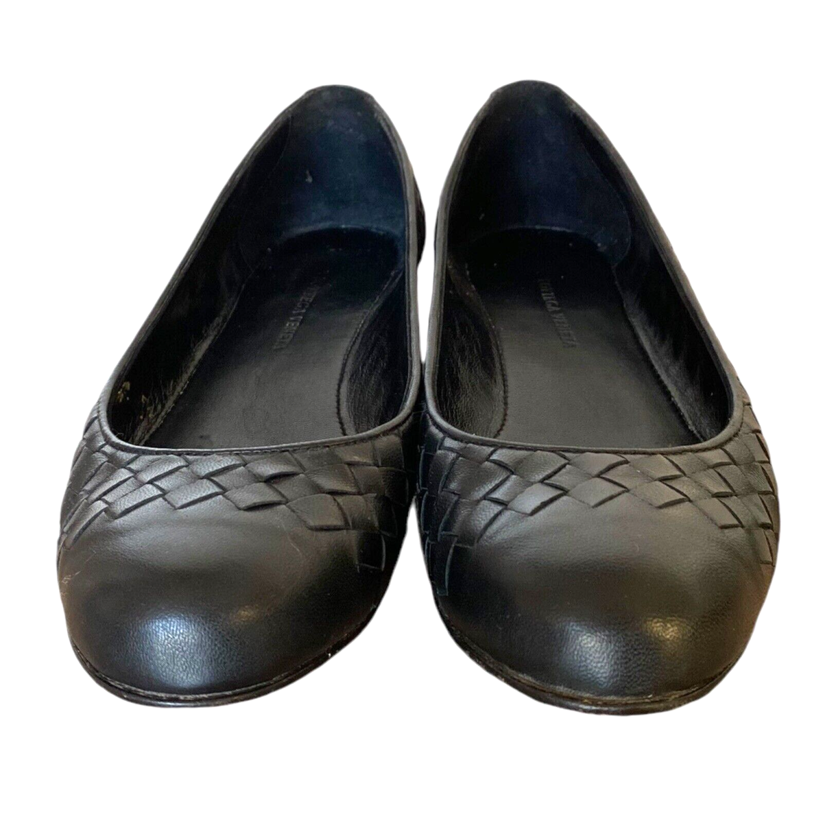 BOTTEGA VENETA Black Leather Intrecciato Cap Toe Ballet BOTTEGA VENETA Black Leather Intrecciato Cap Toe Ballet
