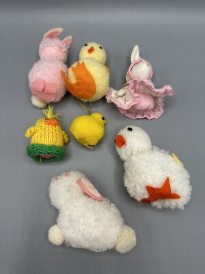 Set Of 7 Vintage Pom Pom Easter Bunny And Chick Plus More