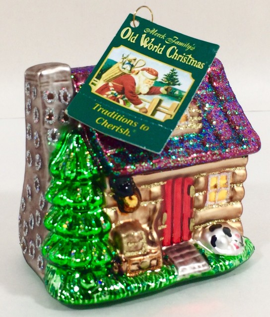 Merck Family Old World Christmas Glass Ornament LAKE CABIN House 3 1/4