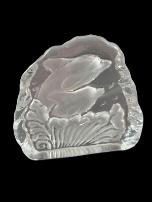 Solid Crystal Glass Ice Block Paperweight Frosted Etched Frolicking Dolphins 5''