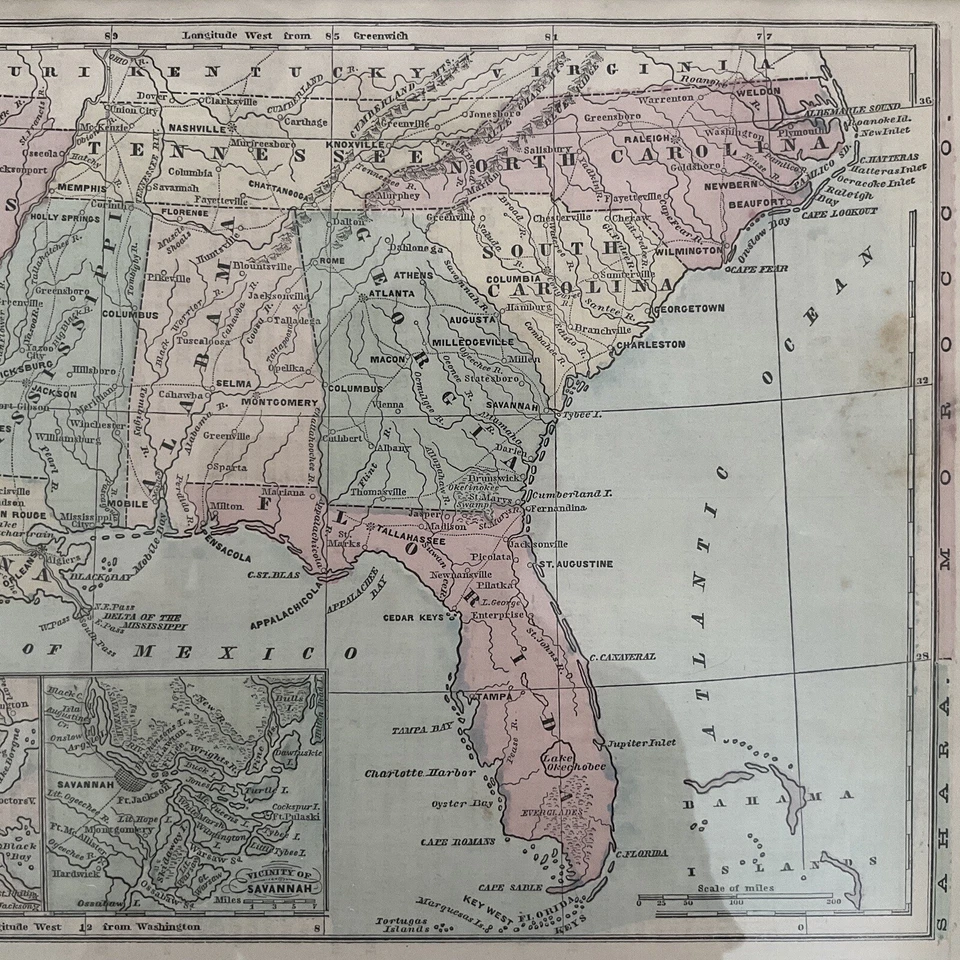 Mapa original antiguo enmarcado "Mapa de los estados del sur", alrededor de la década de 1880 Foto 4 de 4