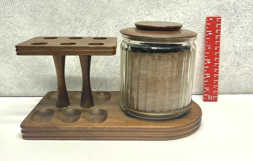 Vintage Decatur Industries Deco 6 Pipe Smoking Pipe Stand Caddy Walnut Glass Jar - Picture 3 of 4
