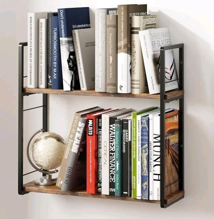 Floating Wall Shelves 16in 2 Tier Wood Book Shelf Wall Mount Dark Brown Bookshel