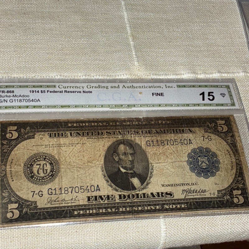 Reduced!! 1914 5$ Federal Reserve Note Chicago Graded Fine 15