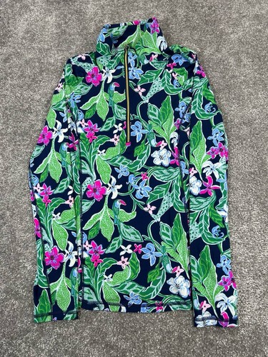 Lilly Pulitzer Luxletic Pullover Damen Medium Grün Blau Rosa Blumen Viertelreißverschluss