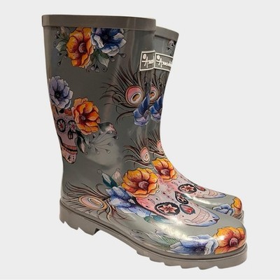 ANUSCHKA short/mid calf rain boot cadaveras de azucar skull floral multi size 8