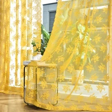 Mustard Yellow Sheer Curtains 90 Inches Long, Country Rustic Floral Retro Gol...