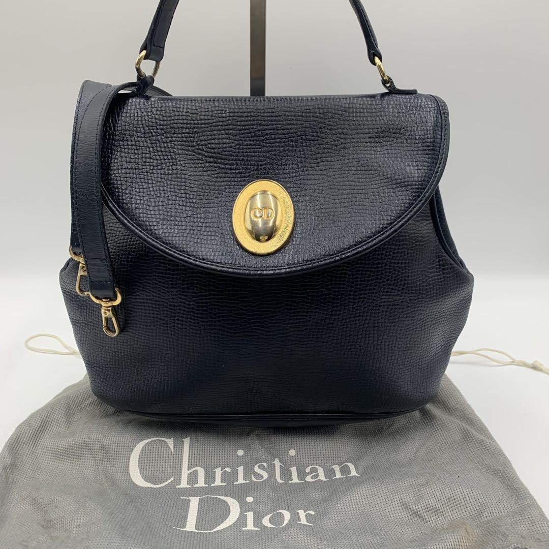 Vintage Christian Dior Navy Leather 2-Way Shoulder Bag 22.5cm
