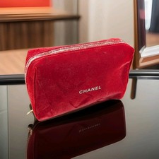 Authentic Chanel Christmas Only Velvet Coco Mark Cosmetic Pouch Red Gold Glitter