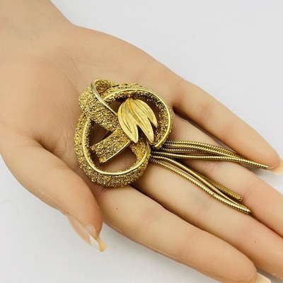 Vintage Tassel Brooch Gold Tone Triple Loop Textured Statement Pin Large 3.5''