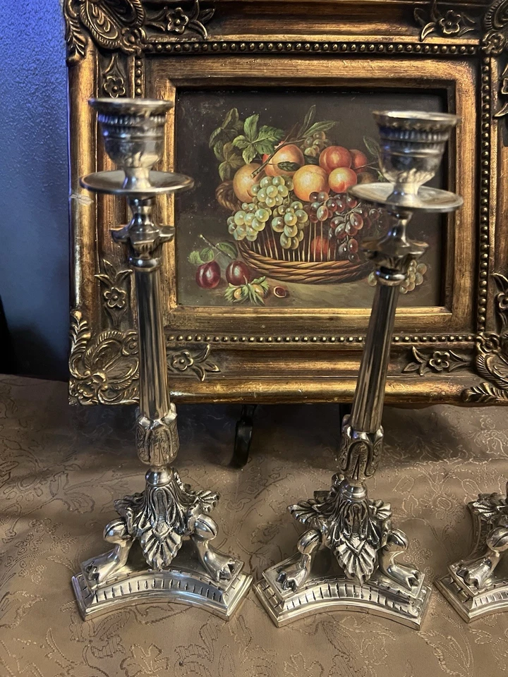 Antiguo Juego de 3 Candelabros Ormolu Imperio Francés de Bronce Siglo XIX Pie Garra Foto 3 de 4