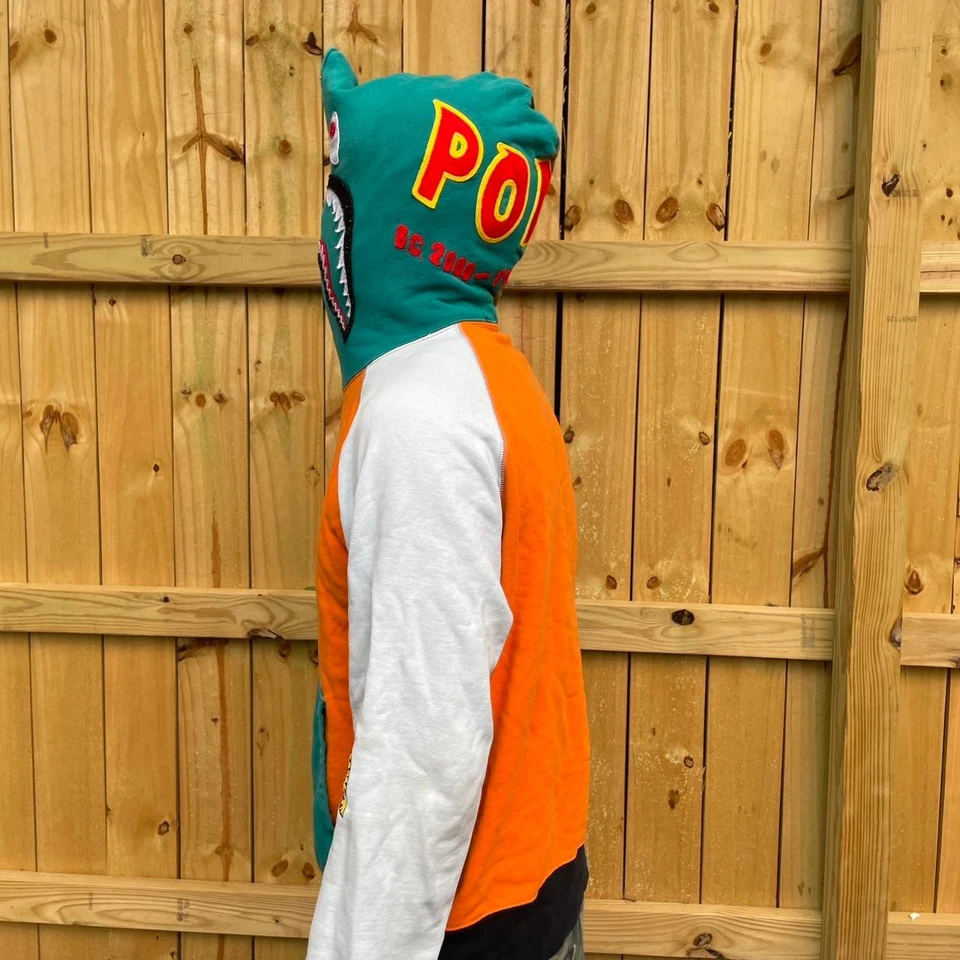 Sudadera con Capucha Bape Shark PONR Patchwork Color Loco Camuflaje Verde azulado y naranja Grande Rara Foto 4 de 4