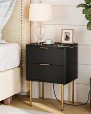 Nightstand with Charging Station,Mid-Century Modern Bedside Table with 2 Storage