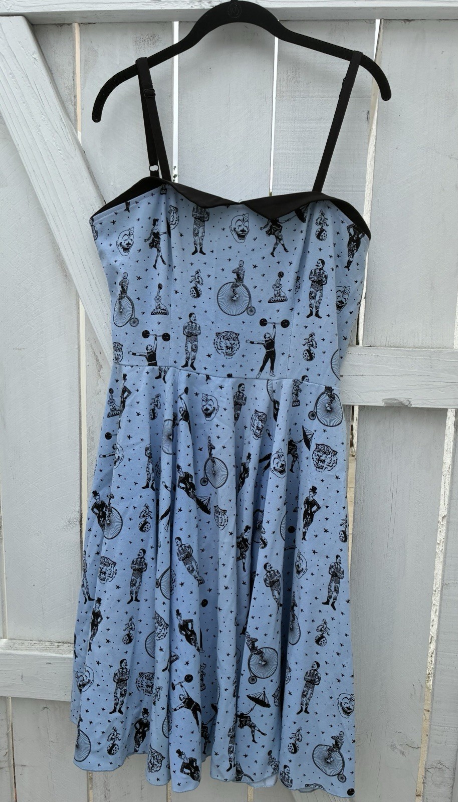 Rock Steady Women’s Fit & Flare Circus Print Dress Blue/Black Sleeveless Sz 1X