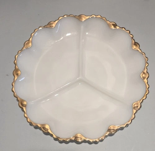 Vintage Anchor Hocking Holiday Serving Tray 1950s Divided Platter Gold Trim