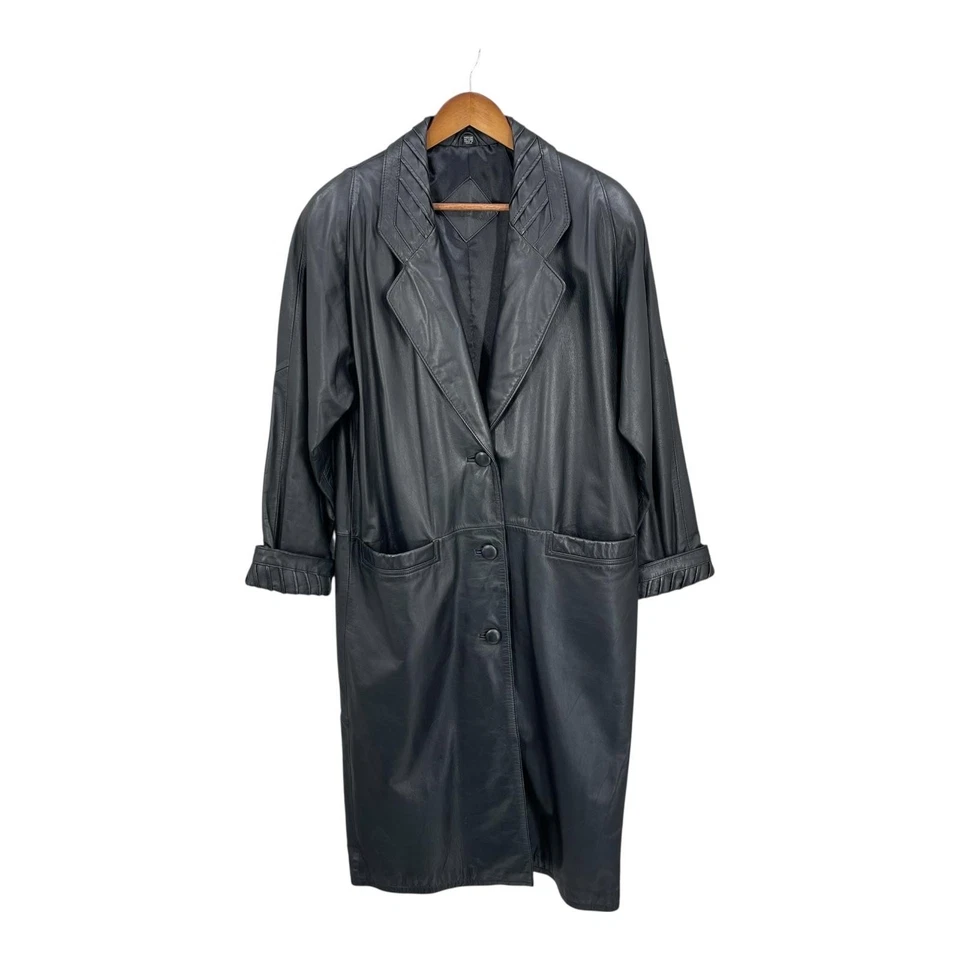 Vintage Leather Over Coat Women 90s Trench Statement Edgy Retro Staple Size M - Image 3 of 4