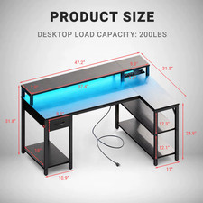 L Shaped Gaming Desk with LED Lights and USB Ports for Home Office