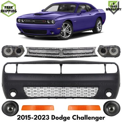 Front Bumper Cover Primed Plastic & Headlight Kit For 2015-2023 Dodge Challenger