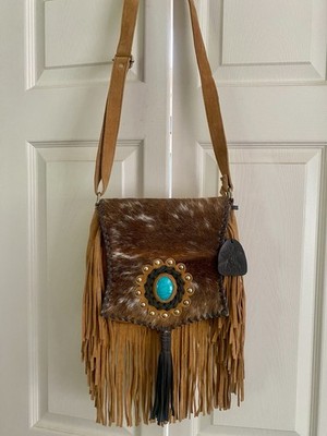 Leather Western Brown Fringe Crossbody Bag Zip Lined Inner Pockets