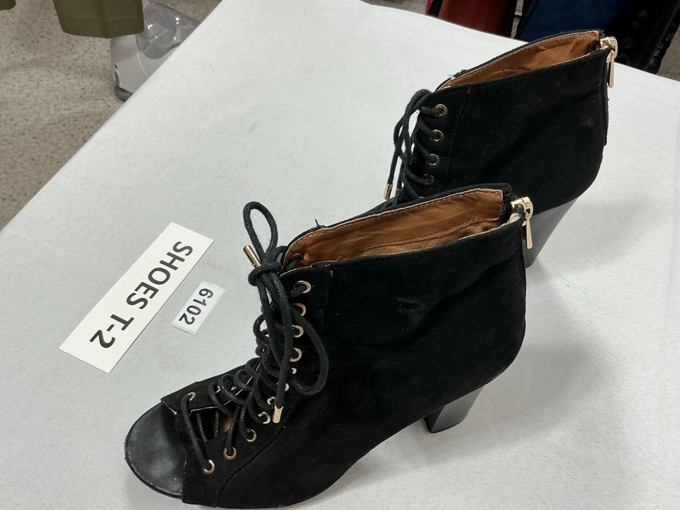 Botines de bambú para mujer EU 40 US 10 negros punta abierta con cordones cremallera tacón apilado Foto 2 de 4